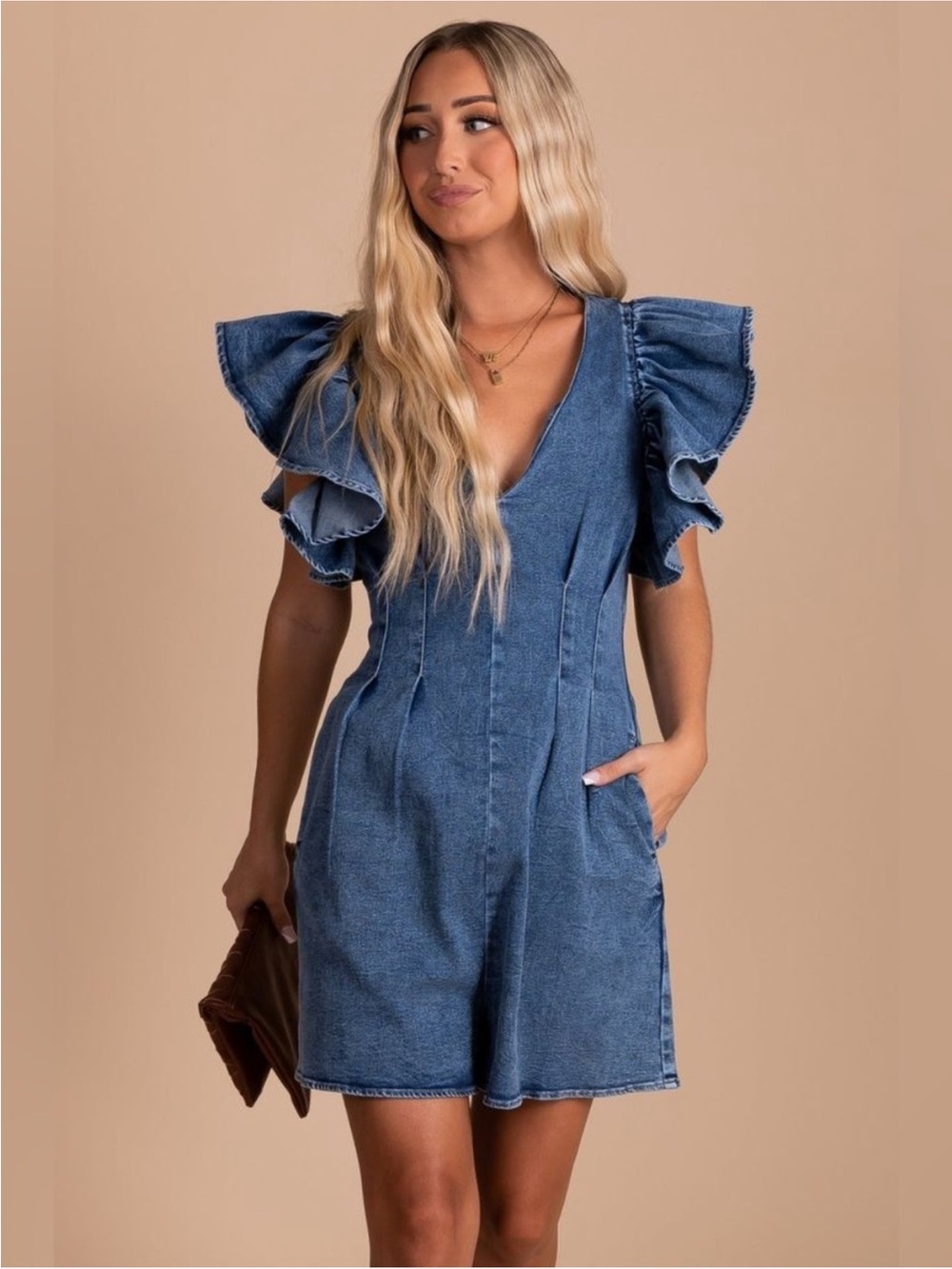 Bella Ella Boutique Blue Denim Hello Honey Ruffle Sleeve Zip Up Romper Small